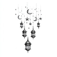 Obraz premium Hanging lanterns, crescent moons and stars in elegant engraving sketch style on white background