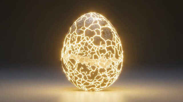 Cracked glowing egg with golden light emerging from fractures on dark background in fantasy style concept