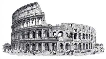 The Roman Colosseum illustrated in detailed engraving sketch with crowds walking near ancient architecture