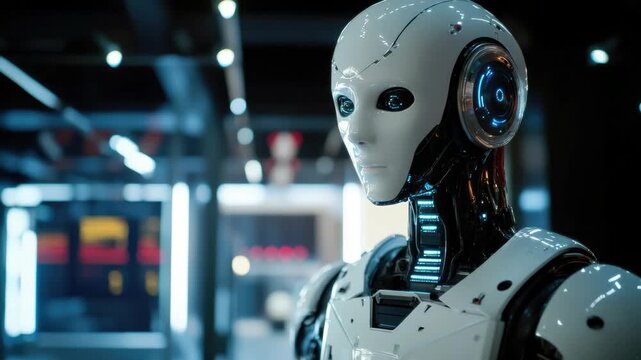 Modern robot standing inside a factory with lights and machinery around it.