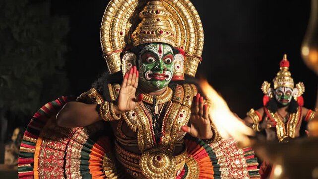 indian kathakali dancers performing traditional dance at night with oil lamp. artist with green face paint and golden headdress making mudra gesture. kerala culture, travel, tourism.