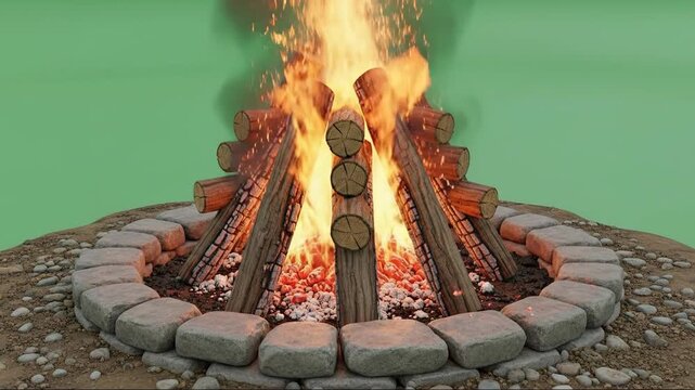 A large bonfire with logs stacked in a circular stone fire pit, burning brightly with flames and smoke against a green background.