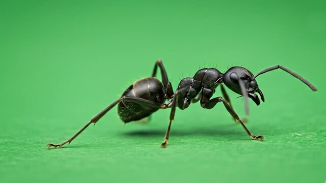 Striking macro close-up of a black ant on a vibrant green surface, highlighting its intricate exoskeleton, delicate antennae, and segmented body in sharp focus