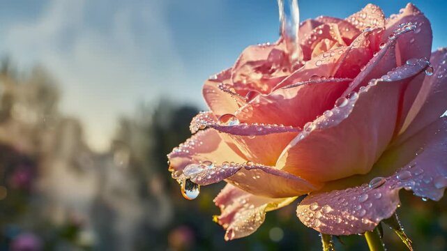 Close Up of Pink Rose Petals Covered With Water Droplets in Sunlight