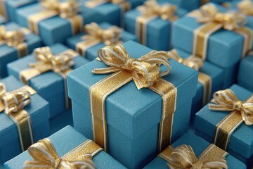 Blue gift boxes with golden ribbons stacked together in a festive arrangement, showcasing various sizes and textures, ideal for holiday celebrations and special occasions