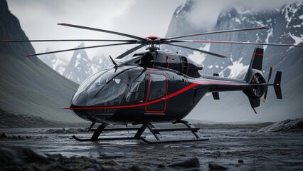 Helicopter landing on snowy mountain peak