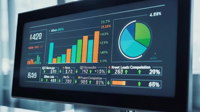 Digital Data Dashboard: Close-up of a digital data dashboard displaying essential business data and statistics, highlighting data analysis and technological integration for business applications.