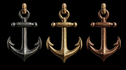 Three metallic anchors in different shades of gold and silver on a black background