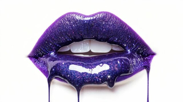 Close-up of lips coated with a glittery purple substance. The lips are open and appear glossy.