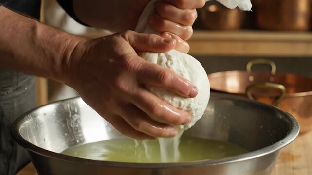 Close-up of hands squeezing cheesecloth to strain whey from fresh curds. Artisanal cheese making process in a kitchen. Homemade dairy preparation concept