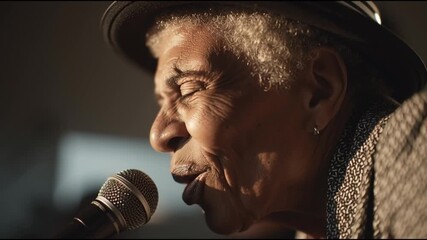 A joyful performer singing passionately into a microphone, capturing the essence of live music and emotional connection. - Powered by Adobe