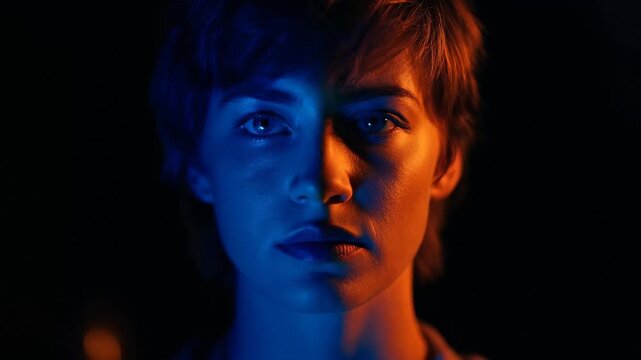 Split Personality: A portrait of a person dramatically split into two sides of colored lights, one bathed in cool blue and the other in warm amber.