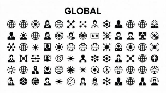 A Collection of 80 Line Icon Illustrations Featuring Global Concepts like People, Technology, and Connectivity