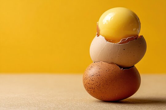 Brown eggs stacked on a textured surface with one cracked egg revealing a bright yellow yolk, creating a natural and rustic food composition for culinary themes