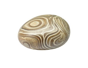 Smooth, oval polished stone with swirling, concentric bands of light and dark brown