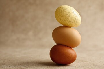Three eggs stacked on a yellow background, featuring a cracked white egg on top, a brown speckled egg in the middle, and a solid brown egg at the bottom for a vibrant display