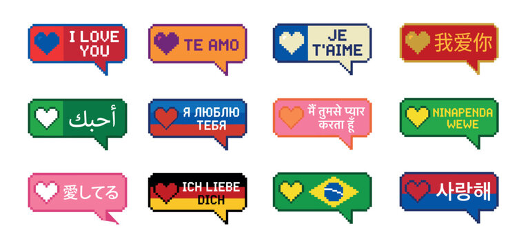 Set of colorful pixel art speech bubbles translates the romantic phrase 'I love you' into many different world languages, featuring heart icons and flags in a retro 8-bit style