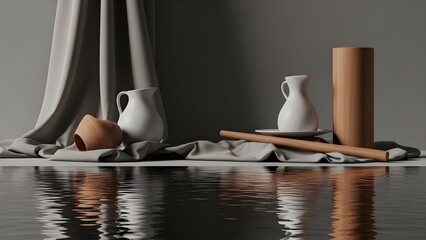 Minimalist Still Life: Ceramic Vases & Wooden Objects in Soft Light, 3D Render