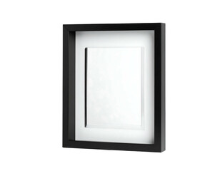 A sleek, modern black picture frame with a white mat, displaying a blank white space