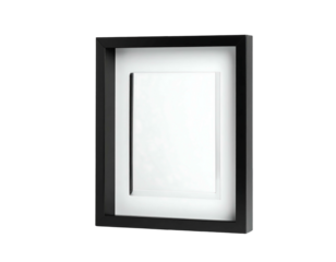 A sleek, modern black picture frame with a white mat, displaying a blank white space