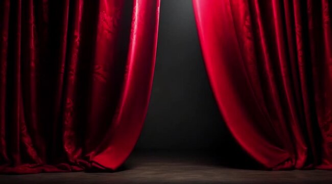 Red velvet curtains opening on dark stage background  