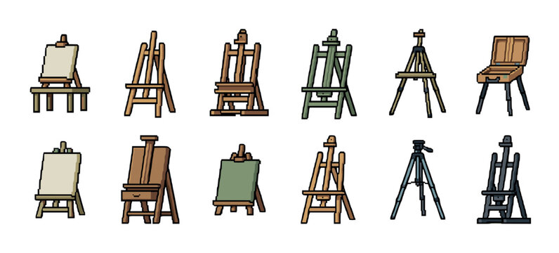 Collection of wooden and metal art easels in various designs, including A-frame, H-frame, and tripod stands, presented in a charming pixel art style for creative projects