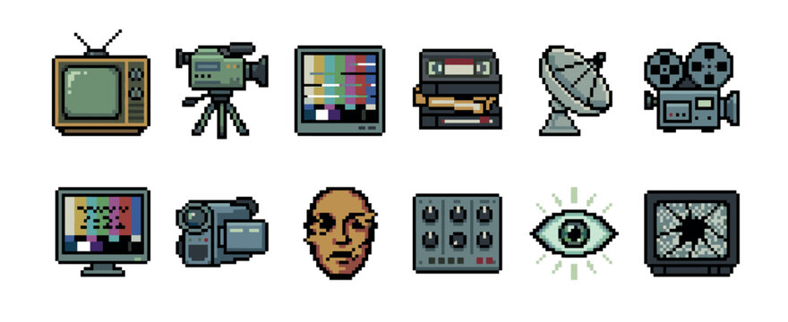 Set of retro media pixel art icons including a television, camera, VHS tapes, and surveillance symbols in a vintage 8-bit video game style illustration