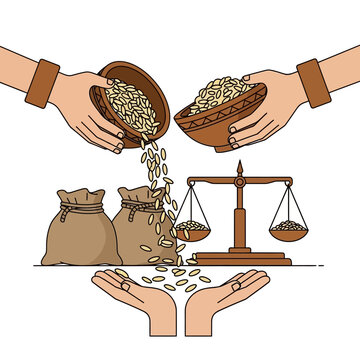 Serving rice from bowl to scales and hands, symbolizing fair distribution