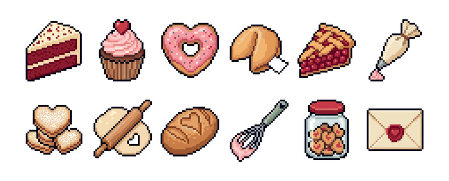 Pixel art icon set of baking sweets and desserts for Valentine's Day, featuring cake, cupcake, donut, pie, and cookies in a charming retro 8-bit video game style illustration