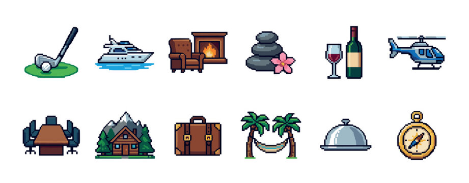 Collection of luxury lifestyle pixel art icons representing wealth, travel, and leisure, including a yacht, helicopter, golf, and spa stones in a retro 8-bit video game style