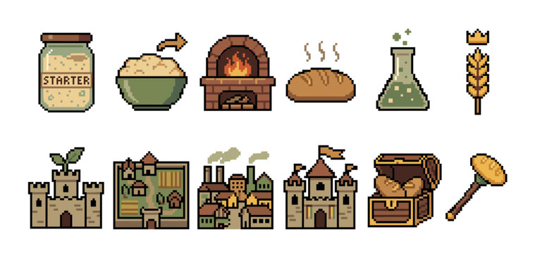 Pixel art icon set of medieval fantasy elements including bread making, kingdom building, castles, and alchemy for a retro video game asset collection