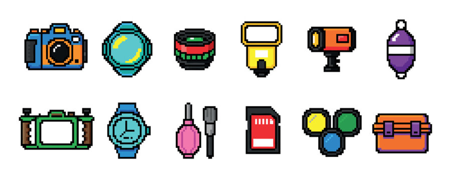 Colorful pixel art icon set of photography and videography equipment including a camera, lens, flash, and memory card in a retro 8-bit video game style illustration