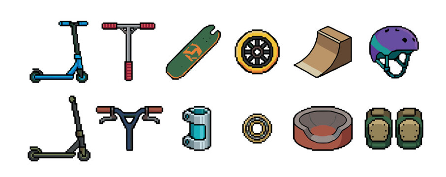 Pixel art set of scooter and skateboard equipment with various parts and accessories like a ramp, helmet, wheel, and protective gear for extreme urban sports