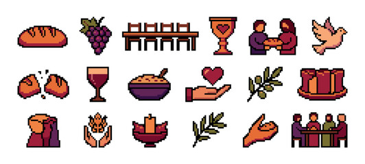 Collection of Christian religious pixel art icons depicting Last Supper symbols like bread, wine, a chalice, and a dove, rendered in a retro 8-bit video game graphic style
