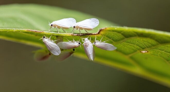 Macro Close-Up of Whitefly Pests on a Plant Leaf
