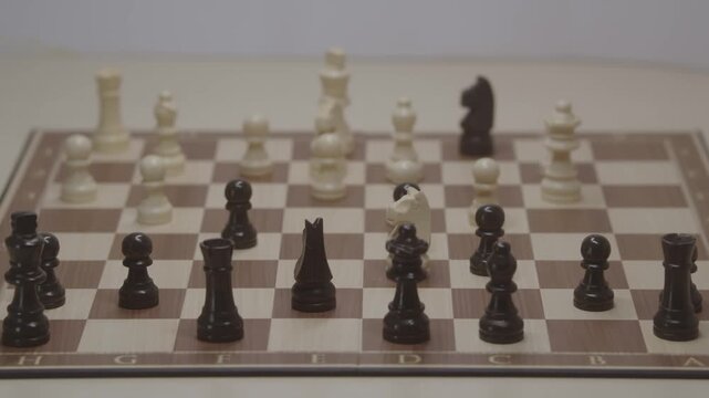 Standard piece development during the Grob's Attack. A risky move of the black knight to c1 and capture of the white rook on this square, in order to develop a strategic plan to respond to the white.