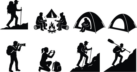 Outdoor adventure silhouette icon set, hiking camping photography kayaking activities, travelers exploring nature, tents mountains backpackers, minimal black vector illustration