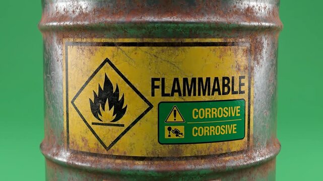 Close-up of a rusty metal barrel with flammable and corrosive hazard symbols and text.