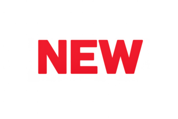 Red bold new text on a transparent background for product launches and special announcements