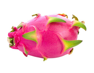Vivid magenta dragon fruit with green, pointed scales against a black background
