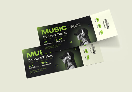 Modern Music Concert Ticket Template with Neon Green Accents