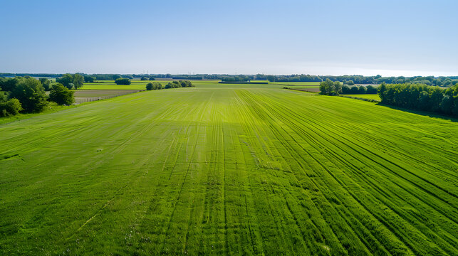 Green Field: Expansive views of a vast, vibrant green field bathed in the clear, azure sky and touched by sunlight.