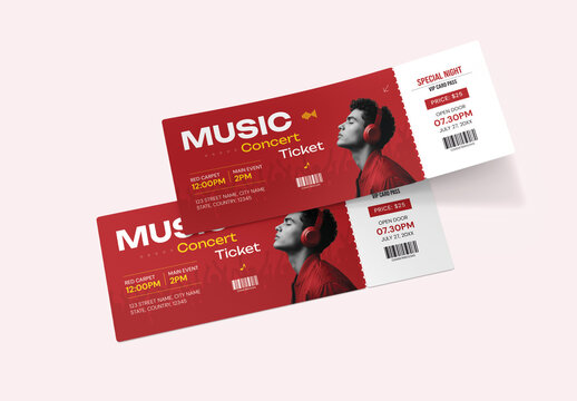 Music Concert Ticket Design Template with VIP Event Pass and Modern Red Layout