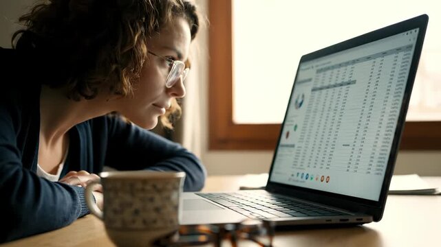 Woman analyzes spreadsheet data on laptop while drinking coffee at home. Female works with spreadsheet on laptop screen. Woman reviews data chart on laptop. Coffee and spreadsheet work at desk.