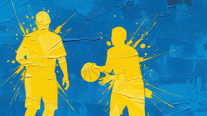 Two basketball players in action, dynamic yellow silhouettes on blue background