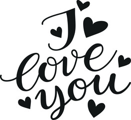i love you lettering with hearts, hand drawn calligraphy, isolated vector illustration, black shape design, element for greeting cards, poster, sticker, decoration, banner, Valentine`s day