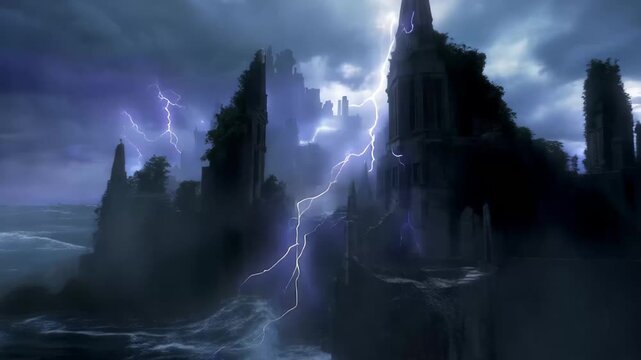 Mystic Citadel Amidst a Storm: A foreboding ancient citadel emerges from the tempest, framed by ominous dark clouds, flashes of lightning and a turbulent sea.