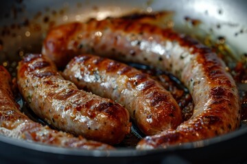 Fototapeta premium Juicy sausages frying in hot oil, seasoned with spices, cooking in a pan