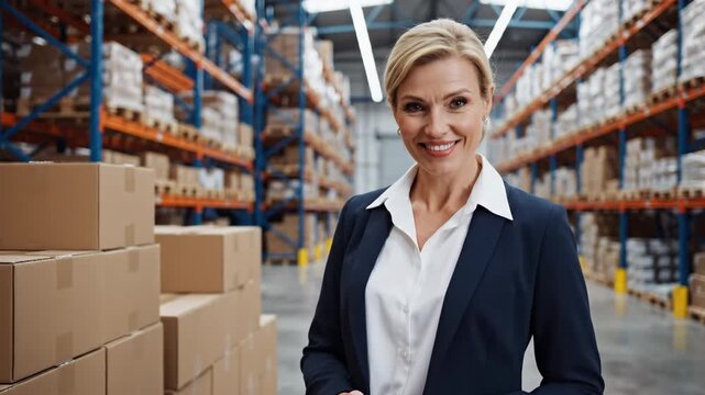 smiling caucasian businesswoman inspecting cardboard boxes in large warehouse. female manager checking inventory on shelves. logistics, distribution center, supply chain management.