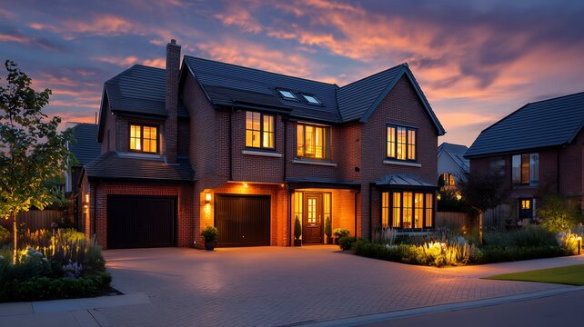Luxury house exterior at dusk with illuminated windows and driveway